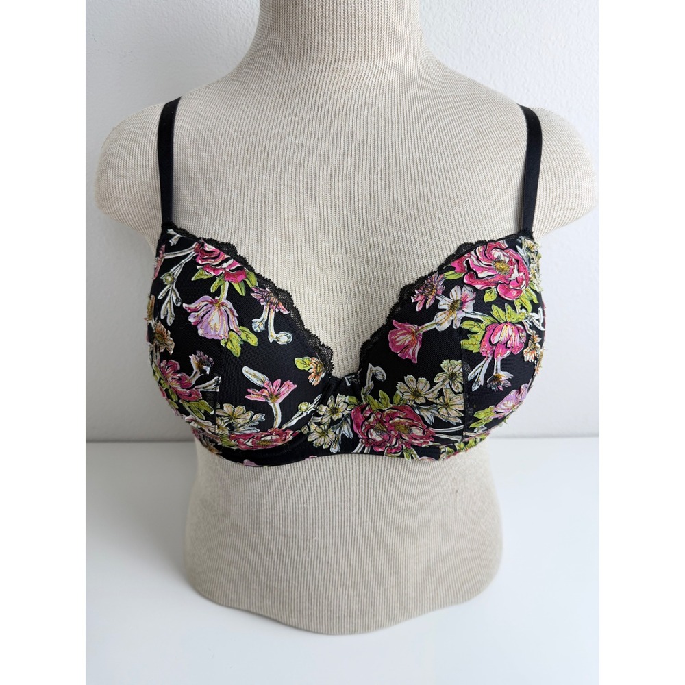 Victoria's Secret Women 36DD Floral Embroidered Demi Mesh Bra Black Pink